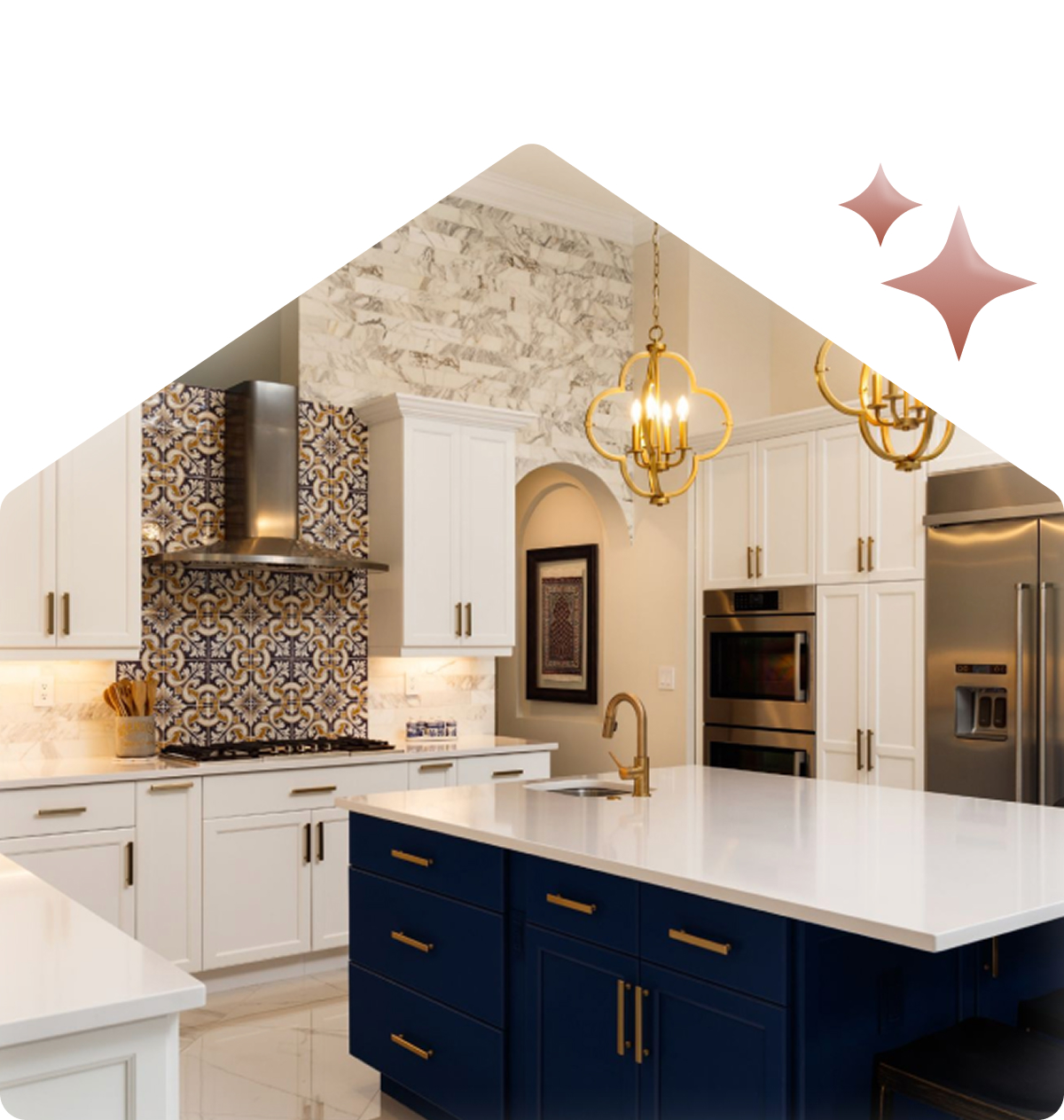 house shaped image with clean kitchen and a pink sparkle